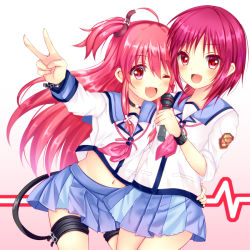 Rule 34 | 10s, 2girls, angel beats!, demon tail, gradient background, iwasawa masami, long hair, microphone, multiple girls, navel, one eye closed, pink hair, red eyes, red hair, saotome mirai, school uniform, serafuku, short hair, sleeves rolled up, tail, twintails, two side up, v, yui (angel beats!)