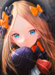 Rule 34 | 1girl, abigail williams (fate), black bow, black dress, black hat, blonde hair, blue eyes, bow, breasts, dress, fate/grand order, fate (series), forehead, hair bow, hat, highres, long hair, multiple hair bows, ojay tkym, orange bow, parted bangs, polka dot, polka dot bow, revision, ribbed dress, sleeves past fingers, sleeves past wrists, small breasts, solo, stuffed animal, stuffed toy, teddy bear