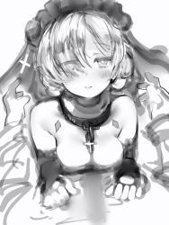 Rule 34 | 1girl, azur lane, bad id, bad twitter id, bare shoulders, blush, breast press, breasts, closed mouth, cross, elbow gloves, fingerless gloves, gloves, greyscale, hair over one eye, highres, looking at viewer, medium breasts, monochrome, nanashi (nlo), parted lips, pov, sheffield (azur lane), sheffield (black crow&#039;s finery) (azur lane), short hair, simple background, solo focus, veil, white background