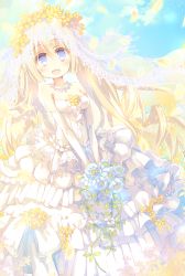Rule 34 | 1girl, bad id, bad pixiv id, blonde hair, bouquet, dress, flower, flower wreath, jewelry, necklace, original, pearl necklace, sky, solo, twintails, wedding dress, yamadori yoshitomo