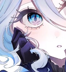 Rule 34 | 1girl, black gloves, blue eyes, blue hair, close-up, eye focus, furina (genshin impact), genshin impact, gloves, hair between eyes, highres, light blue hair, light blush, looking at viewer, onenne x, open mouth, sidelocks, simple background, solo, white background
