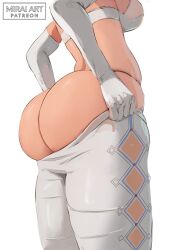 Rule 34 | 1girl, ass, ass focus, ass support, bra, breasts, elbow gloves, female focus, genshin impact, gloves, huge ass, inconvenient ass, jean (genshin impact), large breasts, lower body, mirai hikari, panties, pants, solo, standing, thighs, tight clothes, tight pants, underwear, white background, white bra, white gloves, white pants