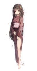 Rule 34 | 1girl, bad id, bad pixiv id, bare legs, barefoot, brown eyes, brown hair, full body, japanese clothes, kimono, long hair, looking at viewer, original, simple background, solo, sukja, very long hair, white background