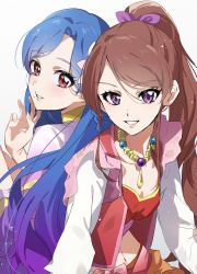 Rule 34 | 2girls, :d, absurdres, aikatsu! (series), alternate hairstyle, back-to-back, blue hair, blush, bow, breasts, brown hair, crop top, gradient hair, grey background, hair bow, high ponytail, highres, indian clothes, jewelry, katsu (kana), kazesawa sora, long hair, long sleeves, looking at viewer, looking back, medium breasts, mole, mole under mouth, multicolored hair, multiple girls, navel, necklace, open mouth, parted bangs, parted lips, ponytail, purple bow, purple eyes, red eyes, shibuki ran, sidelocks, sitting, smile, stomach, swept bangs, upper body