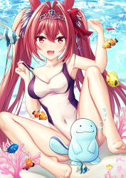 Rule 34 | :d, absurdres, animal ears, barefoot, blush, breasts, brown eyes, brown hair, bubble, clownfish, competition swimsuit, coral, covered navel, daiwa scarlet (umamusume), fang, fish, gen 2 pokemon, hair intakes, highres, horse ears, horse girl, kazamatsuri honatsu, long hair, looking at viewer, medium breasts, navel, one-piece swimsuit, open mouth, pokemon, quagsire, skin fang, smile, spread legs, strap pull, swimsuit, thighs, tiara, toes, tropical fish, twintails, umamusume, underwater, v-shaped eyebrows, very long hair