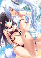 Rule 34 | 2girls, ahoge, ass, bare shoulders, bikini, black bikini, black hair, blue bikini, blue eyes, blue hair, blunt bangs, breasts, bridal garter, butt crack, cleavage, come hither, day, elf, from behind, from below, hair ribbon, halterneck, highres, joko jmc, king&#039;s raid, large breasts, long hair, looking at viewer, mirianne (king&#039;s raid), multiple girls, naughty face, open mouth, pointy ears, ribbon, shiny skin, side-tie bikini bottom, sideboob, smile, sonia (king&#039;s raid), striped bikini, striped clothes, swimsuit, tongue, tongue out, twintails, untied bikini, very long hair, yellow eyes
