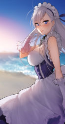 Rule 34 | 1girl, apron, azur lane, bare shoulders, beach, belfast (azur lane), blue eyes, blurry, blurry background, blush, braid, breasts, broken, broken chain, chain, cleavage, collar, french braid, frilled apron, frilled gloves, frills, gloves, highres, large breasts, long hair, maid, maid apron, maid headdress, ocean, open mouth, outdoors, shore, shoukaki (earthean), silver hair, skirt, sky, sunset, water, waves, white apron, white gloves, white skirt