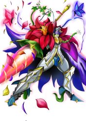 Rule 34 | armor, bloomlordmon, blue eyes, cape, digimon, drill, highres, knight, lance, petals, plant, polearm, weapon