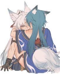 2girls animal_ear_fluff animal_ears bite_mark bite_mark_on_thigh biting_shoulder black_gloves blue_hair blue_robe blush commentary ear_blush feixiao_(honkai:_star_rail) forehead_jewel fox_ears gloves hashtag-only_commentary highres honkai:_star_rail honkai_(series) long_hair multiple_girls partially_fingerless_gloves robe simple_background sweat tail trembling white_background white_hair wolf_girl wolf_tail yukong_(honkai:_star_rail) yurenn yuri