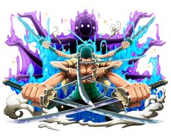 Rule 34 | 1boy, black pants, bodskih, holding, holding sword, holding weapon, jacket, katana, looking at viewer, male focus, mouth hold, multiple heads, one piece, one piece treasure cruise, open clothes, open jacket, pants, roronoa zoro, scar, shiny skin, smoke, solo, sword, transparent background, tyellow jacket, unzipped, weapon