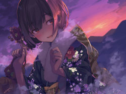 Rule 34 | black hair, blush, cloud, dark, dutch angle, floral print, flower, furisode, hair flower, hair ornament, hand up, hill, idolmaster, idolmaster shiny colors, japanese clothes, kimono, looking to the side, morino rinze, new year, obi, open mouth, purple theme, sash, short hair, sky, smile, solo, sorano eika, sunset, upper body