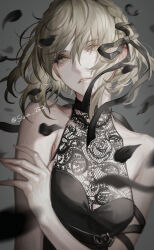 1girl bare_shoulders black_petals blonde_hair dress hair_ribbon highres original parted_lips ribbon senano-yu short_hair sleeveless sleeveless_dress solo twitter_username upper_body yellow_eyes