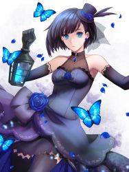 Rule 34 | 1girl, absurdres, black feathers, black gloves, black hair, black hat, black thighhighs, blue butterfly, blue dress, blue eyes, blue flower, blue rose, breasts, bug, butterfly, collarbone, dress, earrings, elbow gloves, feathers, flower, gloves, hat, hat feather, hat flower, highres, holding, holding lantern, insect, jewelry, kankitsurui (house of citrus), lantern, layered dress, looking at viewer, medium breasts, mole, mole under eye, original, parted lips, rose, short dress, short hair, simple background, sleeveless, sleeveless dress, solo, thighhighs, white background, zettai ryouiki