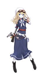 Rule 34 | 1girl, belt, black footwear, blonde hair, blue eyes, blue skirt, boots, braid, cross-laced footwear, dress, elizabeth dunaway, finger to mouth, formation girls, full body, goggles, goggles on head, gun, handgun, hat, highres, hiiragi souren, holding, holding gun, holding weapon, jewelry, lace-up boots, long hair, long skirt, looking at viewer, neckerchief, official art, pistol, red belt, red ribbon, ribbon, ring, sailor dress, side braid, single braid, skirt, smile, solo, transparent background, weapon, white belt, white hat, white neckerchief