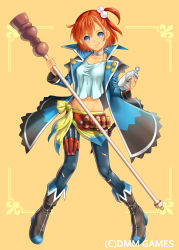 Rule 34 | 1girl, :q, beige background, belt, blue eyes, bottle, breasts, coat, compass, full body, hair ornament, holding, holding weapon, holster, jug (bottle), kana w, knife, last summoner, long sleeves, looking at viewer, midriff, one side up, open clothes, open coat, orange hair, p-kana, polearm, pom pom (clothes), rod, shiny skin, shirt, short hair, simple background, solo, staff, standing, t-shirt, tongue, tongue out, weapon
