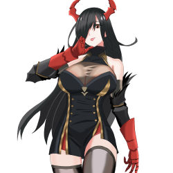 Rule 34 | 1girl, artist request, azur lane, bare shoulders, black hair, breasts, brown eyes, cleavage cutout, clothing cutout, detached sleeves, diamond (shape), double-breasted, dress, friedrich der grosse (azur lane), from below, fur trim, gauntlets, gloves, hair over one eye, hand in own hair, highres, horn ornament, horns, large breasts, long hair, looking at viewer, mechanical horns, red gloves, red horns, see-through, short dress, simple background, skin tight, solo, thighhighs, tongue, tongue out, white background, zettai ryouiki