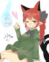 Rule 34 | 1girl, abe suke, animal ears, black bow, black bowtie, black socks, blush, bow, bowtie, braid, brown eyes, cat ears, cat tail, commentary request, dress, green dress, hair bow, heart, juliet sleeves, kaenbyou rin, kneehighs, long hair, long sleeves, looking at viewer, multiple tails, one eye closed, pointy ears, puffy sleeves, red hair, signature, sitting, smile, socks, solo, tail, touhou, twin braids, two tails, white background