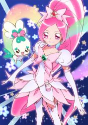 Rule 34 | 1girl, absurdly long hair, aizawa zawapo, bow, choker, chypre (heartcatch precure!), collarbone, cure blossom, cure blossom (super silhouette), earrings, elbow gloves, floating hair, gem, gloves, green gemstone, hair bow, hair ornament, heart, heart earrings, heart hair ornament, heartcatch precure!, high ponytail, highres, jewelry, long hair, miniskirt, parted bangs, pink bow, pink choker, pink hair, pink skirt, precure, red eyes, red gemstone, short sleeves, skirt, solo, standing, thighhighs, very long hair, white gloves, white thighhighs