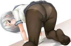 Rule 34 | 10s, 1girl, arm support, ass, black pantyhose, black skirt, blush, breasts, cameltoe, cleft of venus, closed mouth, clothes lift, dutch angle, feet, foreshortening, from behind, gloves, gusset, hair ornament, hairclip, hamakaze (kancolle), highres, ipuu (el-ane koubou), kantai collection, kneepits, legs apart, looking at viewer, looking back, medium breasts, no shoes, panties, panties under pantyhose, pantyhose, pleated skirt, school uniform, serafuku, short hair, short sleeves, silver hair, skirt, skirt lift, sleeve cuffs, smile, soles, solo, toes, underwear, white gloves