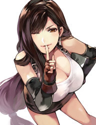 Rule 34 | 1girl, bare shoulders, black skirt, breasts, brown eyes, brown hair, cleavage, commentary request, earrings, elbow gloves, final fantasy, final fantasy vii, finger to mouth, fingerless gloves, from above, gloves, hand on own hip, jewelry, leaning forward, long hair, low-tied long hair, one eye closed, pencil skirt, red gloves, shirt, shushing, skirt, suspender skirt, suspenders, tama (tmfy5), tank top, taut clothes, taut shirt, thighs, tifa lockhart, very long hair, white tank top