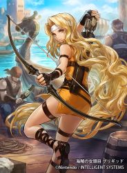 Rule 34 | 1girl, absurdly long hair, arrow (projectile), belt, blonde hair, bow (weapon), bridal gauntlets, brigid (fire emblem), closed mouth, dress, fingerless gloves, fire emblem, fire emblem: genealogy of the holy war, fire emblem cipher, gloves, headband, holding, holding weapon, long hair, nintendo, ocean, official art, outdoors, pirate, sandals, ship, sky, solo, thigh strap, thighs, uroko (mnr), very long hair, water, watercraft, wavy hair, weapon, yellow eyes