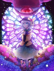 Rule 34 | 1girl, backlighting, black legwear, blood, bloody tears, blue eyes, crying, crying with eyes open, eyeball, flower, full body, hat, hat ribbon, heart, heart of string, highres, holding, komeiji koishi, komeiji satori, long sleeves, looking at viewer, looking down, red flower, red rose, ribbon, rose, shinonome kia, shirt, silver hair, skirt, smile, stained glass, standing, stitched, stitches, streaming tears, tears, third-party edit, third eye, touhou, wide sleeves, window