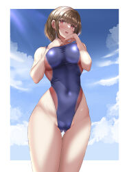 Rule 34 | 1girl, black hair, blue one-piece swimsuit, blue sky, breasts, cameltoe, cleft of venus, cloud, commentary request, competition swimsuit, covered navel, from below, gluteal fold, groin, large breasts, looking at viewer, mashinatsu, one-piece swimsuit, original, outdoors, red eyes, short hair, sky, solo, swimsuit, thigh gap, two-tone swimsuit