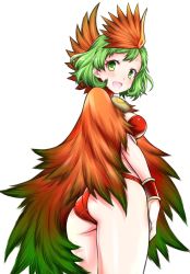 Rule 34 | 1girl, akatsuki akira, ass, cape, feathers, from below, green eyes, green hair, hair ornament, highres, juuni taisen, looking at viewer, looking back, looking down, niwa ryouka, official art, simple background, smile, solo, white background, wristband