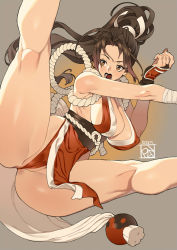 Rule 34 | 1girl, ahoge, anus, anus peek, black gloves, breasts, brown eyes, brown hair, covered clitoris, covered erect nipples, fingerless gloves, gloves, large breasts, long hair, open mouth, poch4n, rope belt, shiranui mai, signature, snk, solo, teeth, the king of fighters, tongue, view between legs