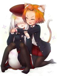 Rule 34 | 2girls, :3, :d, animal ears, bad id, bad pixiv id, beret, between legs, black jacket, black legwear, blazer, brown hat, cat ears, cat girl, cat tail, closed eyes, collared shirt, commentary request, dog ears, dog girl, dog tail, dress shirt, facing viewer, fingernails, hair over eyes, hat, head tilt, highres, hug, hug from behind, jacket, kneeling, long hair, long sleeves, multiple girls, no shoes, open clothes, open jacket, open mouth, orange hair, original, pantyhose, parted bangs, pleated skirt, red skirt, school uniform, shirt, short hair, silver hair, sitting, skirt, smile, sparkle, tail, tail between legs, tanyatonya, v-shaped eyebrows, very long hair, white background, white shirt