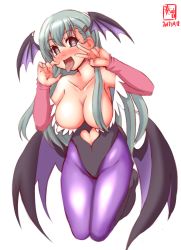 Rule 34 | 1girl, animal print, aqua hair, bare shoulders, bat print, bat wings, black eyes, black leotard, blush, breasts, bridal gauntlets, cleavage, clothing cutout, cosplay, dated, demon girl, fellatio gesture, hair ornament, hairclip, head wings, heart, heart-shaped pupils, heart cutout, highres, kanon (kurogane knights), kantai collection, large breasts, leotard, logo, long hair, look-alike, looking at viewer, morrigan aensland, morrigan aensland (cosplay), pantyhose, print pantyhose, saliva, simple background, solo, strapless, strapless leotard, suzuya (kancolle), symbol-shaped pupils, tongue, tongue out, vampire (game), white background, wings