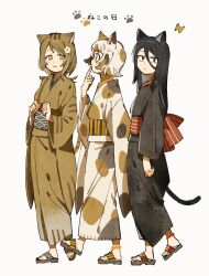 Rule 34 | 3girls, :3, animal ears, ankleband, black hair, black kimono, black tail, blush stickers, brown eyes, brown hair, brown kimono, calico, calico print, cat day, cat ears, cat tail, clenched hands, closed mouth, commentary request, finger to mouth, flip-flops, full body, hair between eyes, hand to own mouth, highres, japanese clothes, kimono, long hair, long sleeves, looking at viewer, looking to the side, medium hair, multiple girls, nanataroo 7, obi, original, paw print, sandals, sanpaku, sash, seigaiha, short hair, slit pupils, tail, translation request, walking, white hair, wolf cut