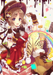 Rule 34 | 1girl, :d, absurdres, ahoge, asymmetrical legwear, between fingers, black bow, black bowtie, black ribbon, boots, bow, bowtie, braid, brown footwear, brown hair, chocolate syrup, commentary request, confetti, dress, food, fork, frilled dress, frilled gloves, frilled sleeves, frills, fur-trimmed boots, fur trim, glove bow, gloves, hair ornament, hairpin, hat, hat bow, highres, holding, kanzashi, looking at viewer, making-of available, mismatched legwear, niikura kaori, open mouth, original, oversized object, plaid, plaid bow, popsicle, purple eyes, red dress, ribbon, short hair, short sleeves, sitting on food, smile, solo, thighhighs, valentine