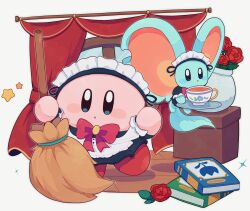 Rule 34 | :o, black eyes, blush stickers, book, bow, bowtie, bright pupils, broom, cup, elfilin, floating, flower, hands up, highres, holding, holding broom, holding tray, indoors, kirby, kirby (series), kirby and the forgotten land, large ears, looking at viewer, maid, maid headdress, mofupoyo, nintendo, no humans, no mouth, red bow, red bowtie, standing, teacup, tray, white pupils