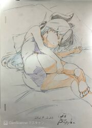 Rule 34 | 1girl, bare legs, barefoot, black hair, blue archive, camisole, closed eyes, colored pencil (medium), earrings, highres, horns, jewelry, kayoko (blue archive), lying, miniskirt, multicolored hair, on side, papiyon1297, photo (medium), pillow, sketch, skirt, sleeping, soles, solo, toes, traditional media, two-tone hair, white hair
