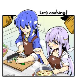 Rule 34 | 1boy, 1girl, apron, blue hair, brother and sister, circlet, cooking, cucumber, english text, fire emblem, fire emblem: genealogy of the holy war, food, headband, holding, julia (fire emblem), knife, long hair, nintendo, open mouth, ponytail, purple eyes, purple hair, seliph (fire emblem), siblings, soup, white headband, yukia (firstaid0)