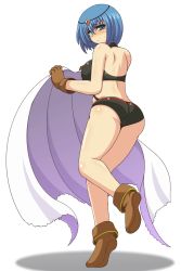 Rule 34 | 1girl, ass, back, bare arms, bare shoulders, blue eyes, blue hair, blush, boots, breasts, brown footwear, brown gloves, cape, unworn cape, circlet, cypria (sennen sensou aigis), embarrassed, full body, gloves, highres, kano-0724, large breasts, legs, looking at viewer, looking back, sennen sensou aigis, short hair, simple background, solo, standing, sweatdrop, thighs, white background, white cape