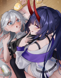 Rule 34 | 3girls, :q, bare shoulders, beer can, black shirt, black thighhighs, blue eyes, blush, bronya zaychik, can, commentary request, cosplay, drink can, from above, hair between eyes, hand up, heart, heart-shaped pupils, highres, homu (honkai impact), honkai (series), honkai impact 3rd, horns, kiana kaslana, long hair, long horns, looking at another, looking at viewer, multiple girls, nagonako, off-shoulder shirt, off shoulder, open mouth, ponytail, purple eyes, purple hair, raiden mei, raiden mei (herrscher of thunder), raiden mei (striker fulminata), raiden mei (striker fulminata) (cosplay), red horns, red pupils, shirt, sitting, sitting on person, symbol-shaped pupils, thighhighs, tongue, tongue out, white hair, white shirt