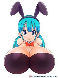 Rule 34 | 1girl, animal ears, black leotard, blue eyes, blue hair, blush, bow, bowtie, breasts, bulma, cleavage, dragon ball, facing viewer, fake animal ears, highres, large breasts, leotard, looking at viewer, mato spectoru, nose blush, playboy bunny, rabbit ears, simple background, smile, solo, upper body, white background