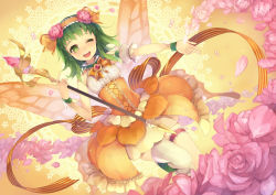 Rule 34 | 1girl, ;d, alternate costume, blush, btoor, butterfly wings, dress, flower, green hair, gumi, hair ribbon, hairband, highres, insect wings, looking at viewer, magical girl, one eye closed, open mouth, orange dress, petals, ribbon, rose, rose petals, short hair, smile, solo, staff, vocaloid, wand, wings, wink