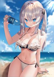 Rule 34 | 1girl, :q, absurdres, bare arms, bare shoulders, beach, bikini, black bikini, blue eyes, bottle, breasts, cleavage, closed mouth, cloud, collarbone, day, frilled bikini, frills, halterneck, halterneck, highres, holding, large breasts, long hair, looking at viewer, moe2021, nail polish, navel, original, outdoors, pouring, pouring onto self, side-tie bikini bottom, silver hair, sinobi illust, smile, solo, stomach, string bikini, sunlight, swimsuit, thighs, tongue, tongue out, twintails, water, water bottle