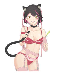 Rule 34 | 1girl, :d, animal ears, black hair, black hairband, bra, breasts, cat ears, cat tail, choker, cleavage, collarbone, contrapposto, cropped legs, earrings, fake animal ears, garter belt, groin, hairband, heart, jewelry, looking at viewer, medium breasts, multicolored hair, neck ribbon, open mouth, original, panties, pink hair, pink ribbon, pink thighhighs, red bra, red panties, ribbon, saruno (eyesonly712), short hair, simple background, smile, solo, standing, streaked hair, striped bra, striped clothes, striped panties, tail, thighhighs, two-tone hair, underwear, underwear only, vertical-striped bra, vertical-striped clothes, vertical-striped panties, white background, yellow eyes