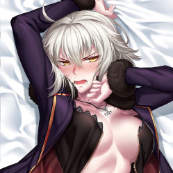 1girl bed_sheet blush breasts cleavage fate/grand_order fate_(series) female_focus jacket jeanne_d&#039;arc_(fate) jeanne_d&#039;arc_alter_(avenger)_(fate) jeanne_d&#039;arc_alter_(fate) jeanne_d&#039;arc_alter_(ver._shinjuku_1999)_(fate) jewelry lying necklace official_alternate_costume okitakung on_back open_clothes open_mouth silver_hair solo teeth yellow_eyes