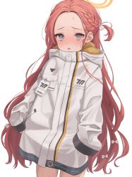 Rule 34 | 1girl, absurdres, blue archive, blue eyes, blush, bow, braid, commentary request, hair bow, halo, hanazawa ma, highres, hood, hood down, hooded jacket, jacket, long hair, long sleeves, looking at viewer, multiple hair bows, one side up, open mouth, pink bow, red hair, simple background, sleeves past fingers, sleeves past wrists, solo, sweat, transparent background, very long hair, white jacket, yellow halo, yuzu (blue archive)