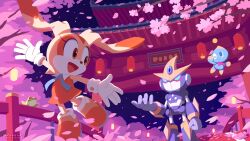 Rule 34 | 1girl, animal ears, bow, bowtie, brown eyes, chao (sonic), cheese (sonic), cherry blossoms, commentary request, cream the rabbit, falling petals, frog, froggy (sonic), furry, furry female, gemerl, gloves, hanami, lantern, night, night sky, petals, rabbit ears, red bow, red bowtie, robot, sky, sonic (series), sonic advance 3, standing, star (sky), uno yuuji, white gloves