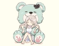 Rule 34 | 1girl, blush, commentary, conte di cavour (kancolle), doll, dress, closed eyes, kantai collection, long hair, saiguchi otoufu, silver hair, simple background, sitting, sleeveless, sleeveless dress, solo, stuffed animal, stuffed toy, teddy bear, white dress