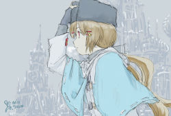 Rule 34 | 1girl, black gloves, black hat, blue shawl, breath, brown hair, building, dated, fingerless gloves, from side, fur hat, gloves, grey background, hair ornament, hair ribbon, hairclip, hand on headwear, hat, honda yoshinobu, jacket, kantai collection, long hair, long sleeves, low twintails, open mouth, papakha, profile, red eyes, ribbon, russia, scarf, shawl, signature, solo, tashkent (kancolle), twintails, white scarf