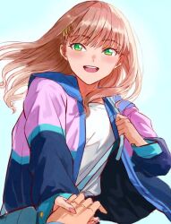 Rule 34 | 1boy, 1girl, asanaka yomogi, blush, breasts, brown hair, couple, green eyes, gridman universe, gridman universe (film), hair ornament, hetero, holding, holding hands, jacket, long hair, looking at viewer, minami yume, official alternate costume, open mouth, risyo, shirt, skirt, small breasts, smile, ssss.dynazenon, t-shirt