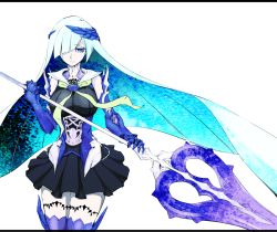 Rule 34 | 1girl, aqua eyes, armor, armored dress, blue eyes, blue hair, boots, breasts, brynhildr (fate), dress, fate/grand order, fate/prototype, fate/prototype: fragments of blue and silver, fate (series), gauntlets, hair ornament, hair over one eye, long hair, matching hair/eyes, polearm, silver hair, skirt, solo, spear, thighhighs, ub1mo, weapon