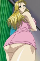 1girl anime_screenshot ass ass_focus blonde_hair breasts green_eyes highres large_breasts long_hair miniskirt nami_koishikawa nami_sos! skirt solo stitched third-party_edit